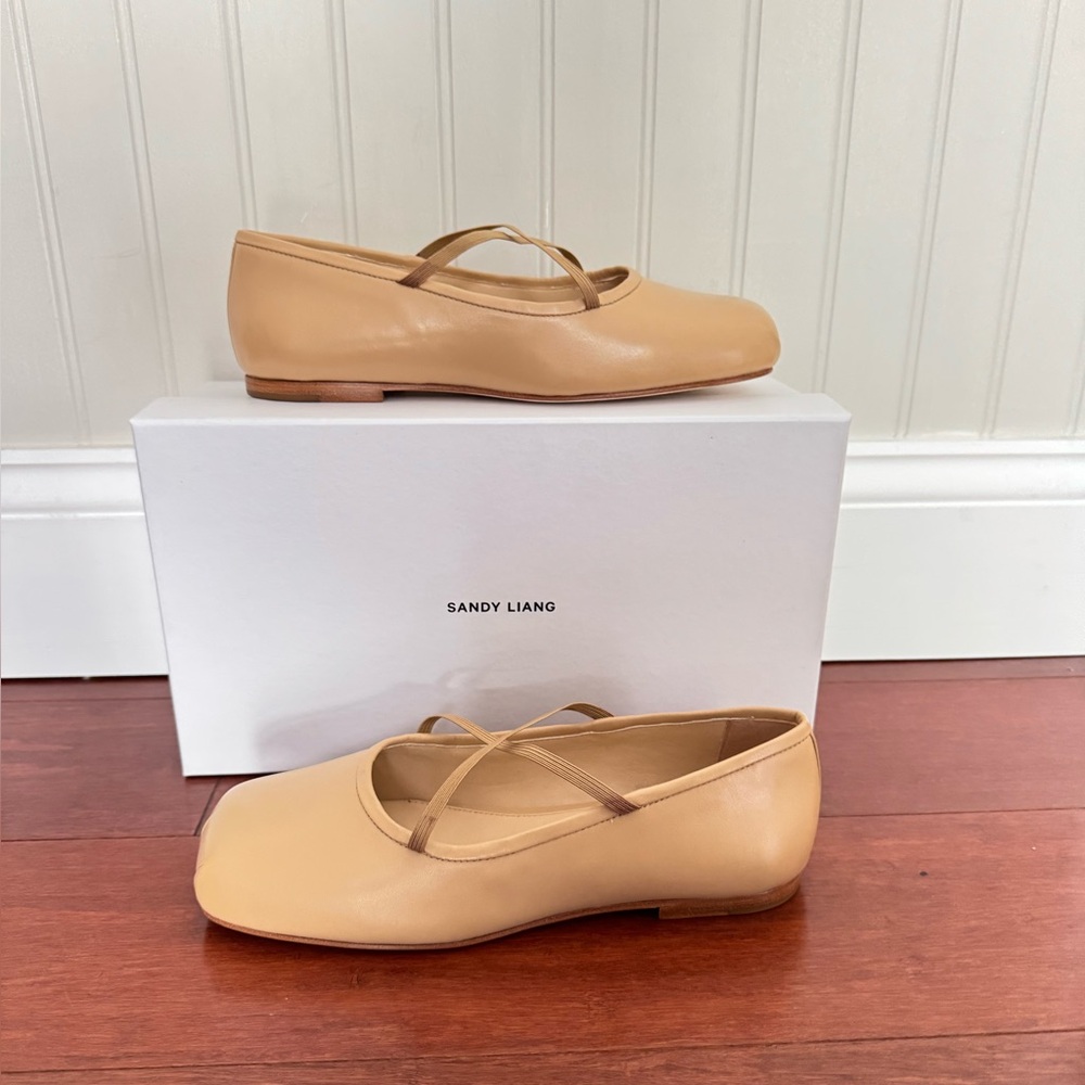 Sandy Liang Criss Cross Pointe Ballet Flat Tan Nappa Leather  Eu 38 US 8 NWT